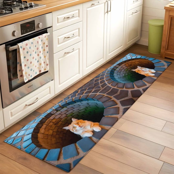 Orange Cat in Stone Well Runner Rug for Hallway 2x6ft, Abstract Furry Animals Bricks Funny Non Slip Floor Mat Washable Low-Profile Indoor Carpet for Living Room, Bedroom, Dining Room