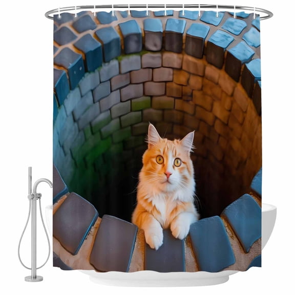 Orange Cat in Stone Well Shower Curtain, 36"x72", Abstract Furry Animals Bricks Funny Waterproof Bathroom Curtain Washable Shower Curtain Set with 12 Hooks