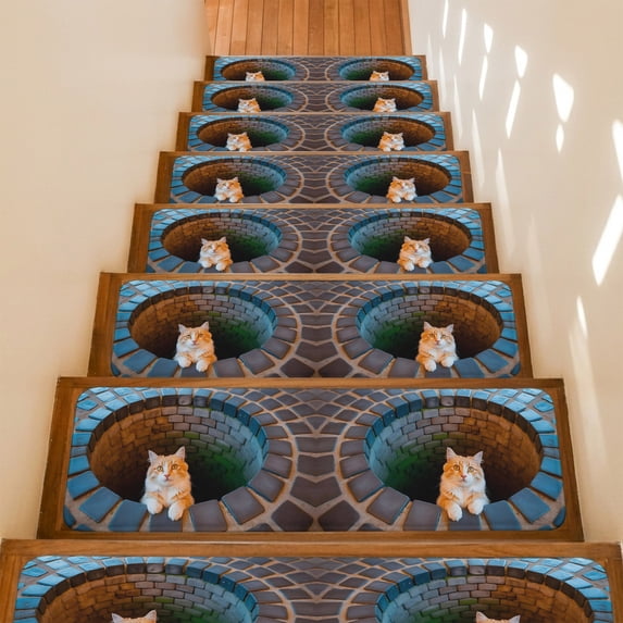 Orange Cat in Stone Well Stair Treads Non Slip for Steps Abstract Furry Bricks Funny 7 Pcs Reusable Adhesive Stair Runner Mats for Dogs Elders Carpet Treads Rugs for Staircase 8x30 In