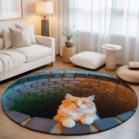Orange Cat in Stone Well Washable Round Area Rug 3 ft, Abstract Furry Animals Bricks Funny Soft Non Slip Rugs Stain Repellent Indoor Felt Carpet for Living Dining Room Bedroom Home Office