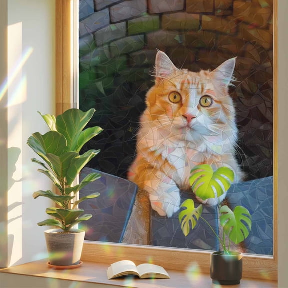 Orange Cat in Stone Well Window Privacy Film, Abstract Furry Animals Bricks Funny Stained Glass Rainbow Film Decorative Window Clings, Static Cling Sun Blocking Stickers 23.6" x 59"