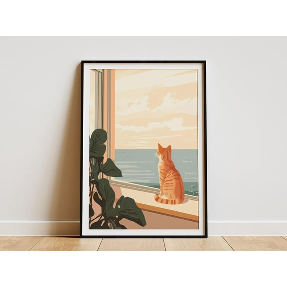 Orange Cat by Windowsill Ocean View Summer Sunset Beach Coastal Cat Art Print Summer Home Decor Orange Tabby Cat Poster Cute Pet Print - Poster Unframed