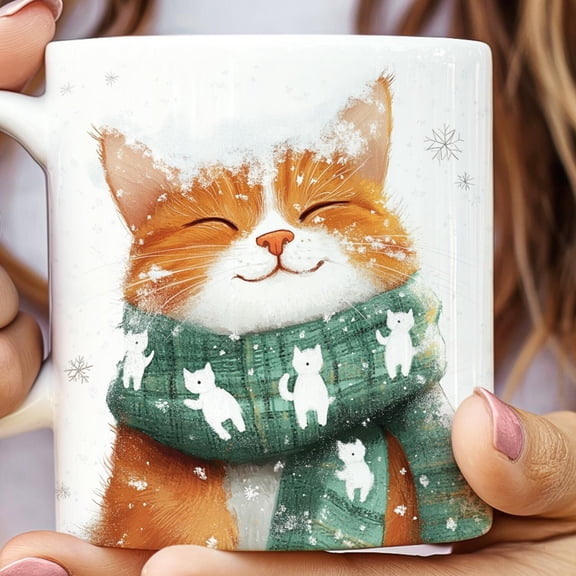 Orange Cat. Winter Cat Ceramic Mug, Cute Snowflake Kitty Coffee Cup, Christmas Cat Lover Gift, Hot Cocoa Mug, Snowy Cat Tea Mug, Pet Gift