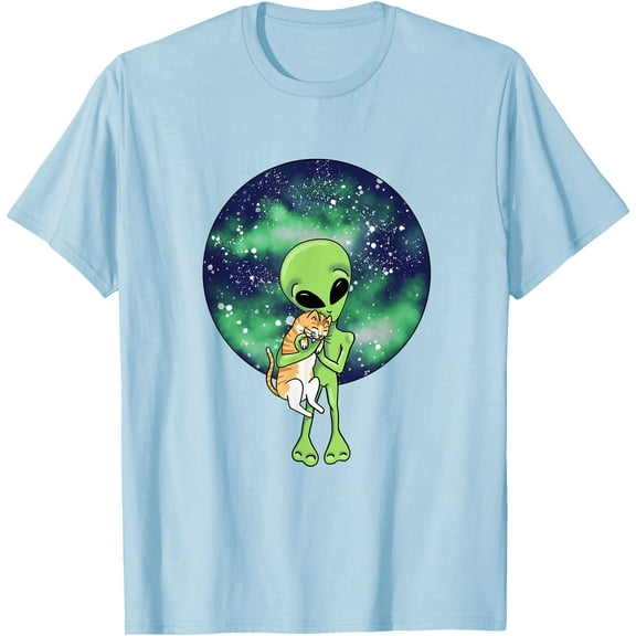Orange Cat and Alien Funny Unisex T-Shirt for Men Women Kids,Light Blue Color,Size 5XL