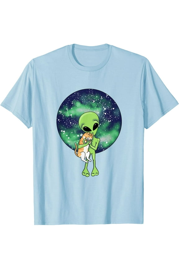 Orange Cat and Alien Funny Unisex T-Shirt for Men Women Kids,Light Blue Color,Size 5XL