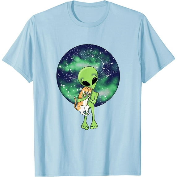 Orange Cat and Alien Funny Unisex T-Shirt for Men Women Kids,Light Blue Color,Size YXL