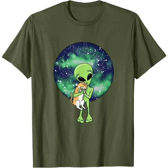 Orange Cat and Alien Funny Unisex T-Shirt for Men Women Kids,Military Green Color,Size 2XL