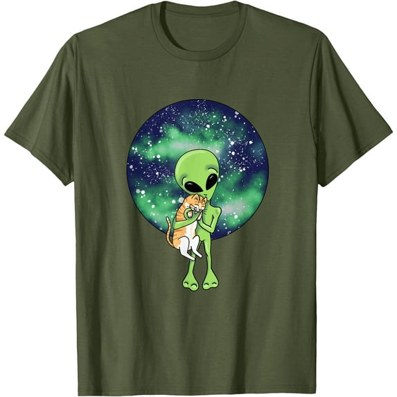 Orange Cat and Alien Funny Unisex T-Shirt for Men Women Kids,Military Green Color,Size M