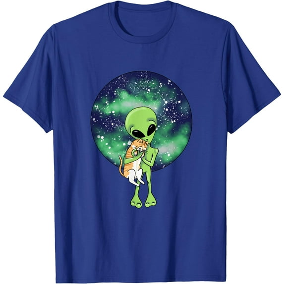 Orange Cat and Alien Funny Unisex T-Shirt for Men Women Kids,Royal Blue Color,Size YL