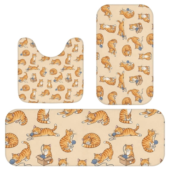 Orange Cat and Box Beige Pattern 3 Piece Flannel Bathroom Rug Set ...