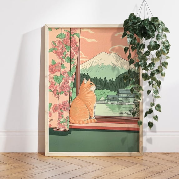 Orange Cat and Mount Fuji Japanese Landscape Wall Decor, Stretched Canvas 16x20in