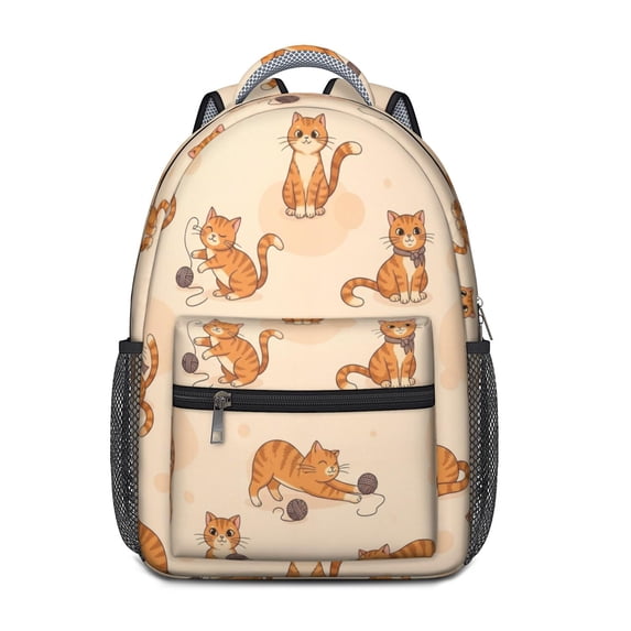 Orange Cat and Yarn Beige Pattern Backpack for School, Cute School Bag with Adjustable Shoulder Straps and Padded Back, 15.3"x11"x6.7"