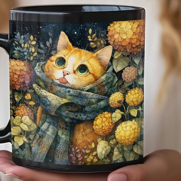 Orange Cat in Fall Flowers Mug, Cute Cat Lover Gift, Autumn Floral Coffee Cup, Halloween Decor, Thanksgiving Kitchenware, Ginger Kitten