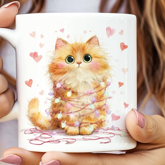 Orange Cat in Heart Lights Mug | Valentine Ginger Kitten Morning Coffee Cup