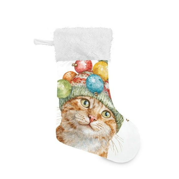 Orange Cat with Hat Christmas Light Christmas Stockings Large Capacity 18 inch Gift Bag with Hook Xmas Holiday Decor 1 Pack