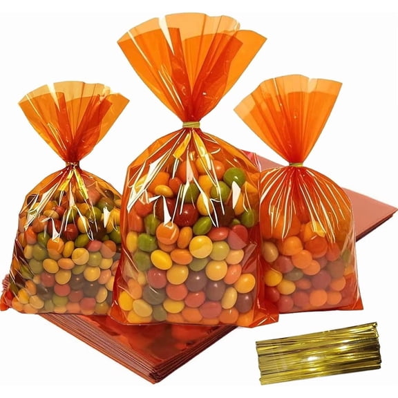 Orange Cellophane Treat Bags - Duslogis 100Pcs Cello Bags Resealable 6x9 Inch Candy Favor Bags for Parties, Holidays, Snacks Goodie Gifts Party
