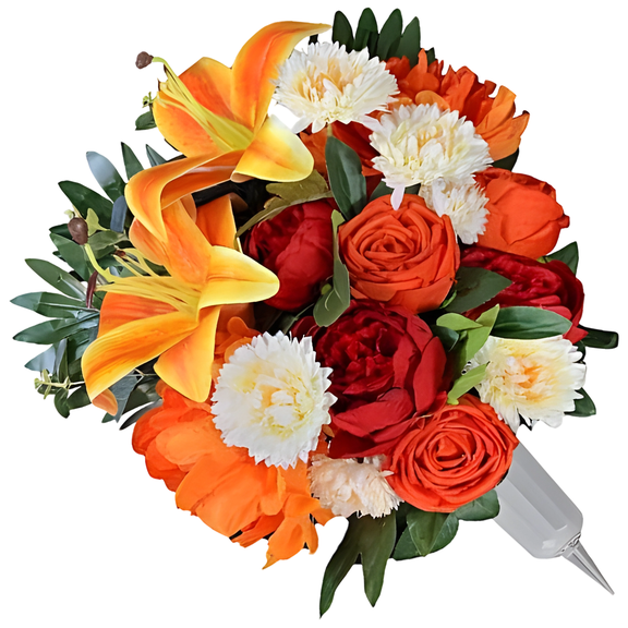 Orange Cemetery Flowers Artificial, Tombstone Decoration Lily Rose Carnation Bouquet, Realistic Vibrant Memorial Flowers, 13.8 X 10.6 X 7.9 In / 35 X 27 X 20 Cm