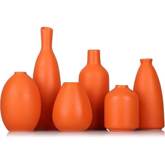 Orange Ceramic Bud Vases Set of 6, Modern Boho Home Dcor for Living Room, Shelf, & Fireplace, 3.77.6 Matte Minimalist Vases for Kitchen, Bathroom, Office, Small Flower Vases, Gift Ready