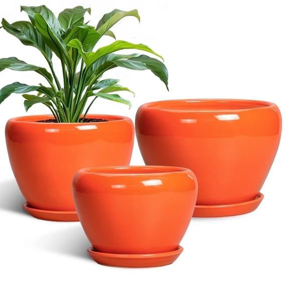 Ceramic Planter Pots Set of 3 with Drainage Hole & Saucer,10/8/6 inch Round Pots for Indoor Plants Flowers & Houseplants Patio & Outdoor Use Orange