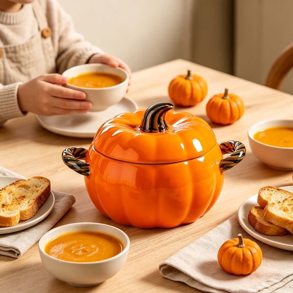 Orange Ceramic Pumpkin Dutch Oven Pot with Lid, Double Handle Fall Soup Bowl for Thanksgiving Kitchen Cooking & Decor 27oz
