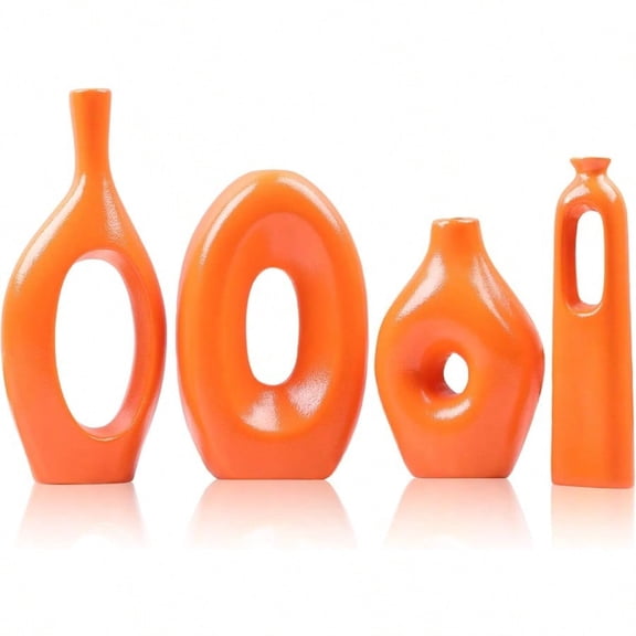 Orange Ceramic Vase Set of 4 - Round Hollow Boho Vases for Pampas Grass and Flowers Decor Modern Minimalist Small Vases for Living Room Bedroom Fireplace Coffee Table Decor and Centerpieces