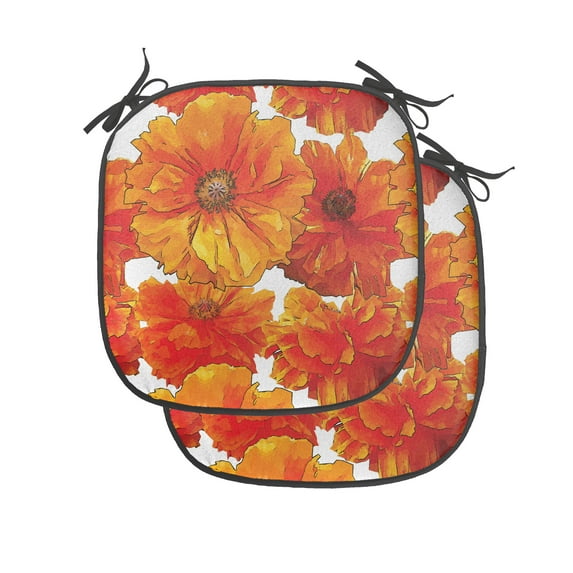 Orange Chair Seating Cushion Set of 2, Big Flourishing Bohemian Poppies on the Antique Background Graphic Design, Seat Pads for Office with Anti-slip Backing, 16"x16", Burnt Orange White, by Ambesonne