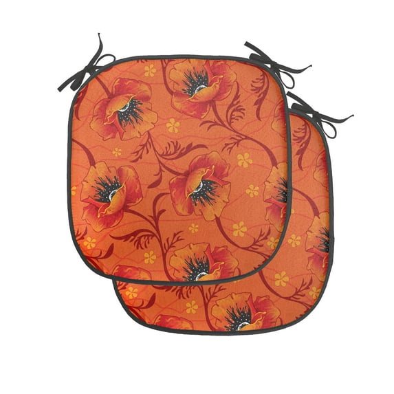 Orange Chair Seating Cushion Set of 4, Poppy Flower Series Blossoms Romance Bohemian Design Print, Seat Pads for Office with Anti-slip Backing, 16"x16", Burnt Orange Yellow, by Ambesonne
