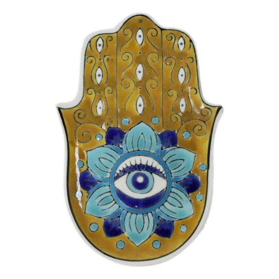 Orange Chakra Hamsa Palm Mandala and Evil Eye Ceramic Dish Brass Incense Holder