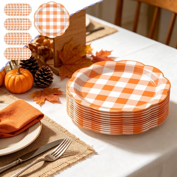 Orange Check Pattern Disposable Paper Plates 9 Inch 50 Pack for Thanksgiving Birthday Party Decor Family Meals and Banquets