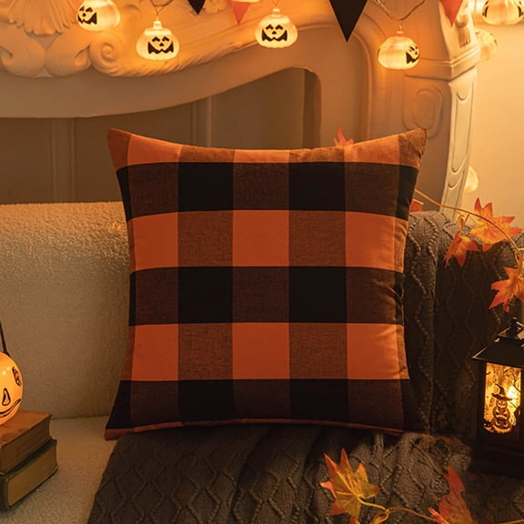 Orange Check Plaid Pillow Cover for Fall Home Decor, Polyester Linen Cushion Case, 45x45cm Sofa Throw Sham, Zipper Closure