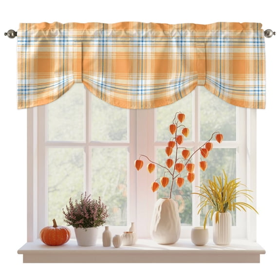 Orange Check Tie Up Valance Curtains for Windows, Kitchen Curtains Window Treatments, Modern Farmhouse Blue Striped Plaid Short Window Shades Valances for Bedroom Bathroom Cafe 42"x18"