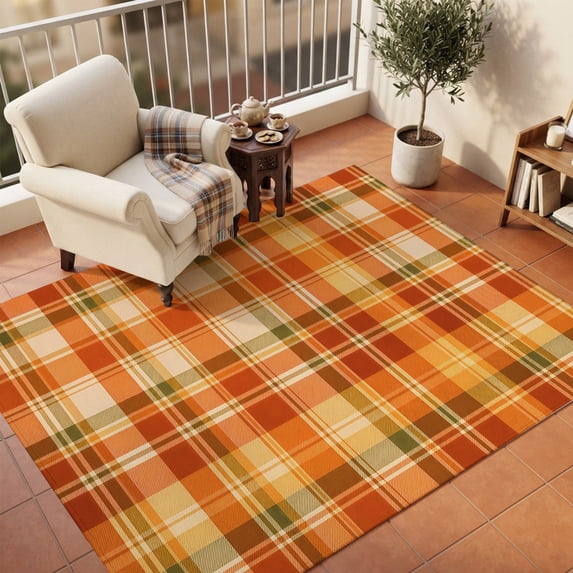 Orange Checked Area Rugs 5'x7', Washable Small Throw Rugs for Laundry Room Playroom, Autumn Fall Thanksgiving Buffalo Plaid Indoor Outdoor Rug Non-Slip Low Pile Carpet Runner Reversible Floor Mats