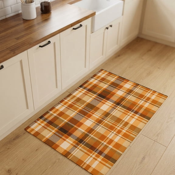 Orange Checked Fall Entryway Rug 2'x3' Non Slip Front Door Mats, Thanksgiving Buffalo Plaid Entrance Rugs Indoor Outdoor Carpet, Washable Floor Mats Small Area Rug for Bedroom Kitchen
