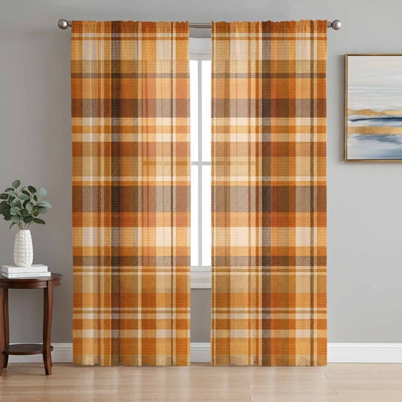 Orange Checked Fall Sheer Curtains 63 Inches Long, Thanksgiving Buffalo Plaid Light Filtering Window Curtains for Living Room/Bedroom, Rod Pocket Voile Sheer Curtain Drapes, 52"W x 63"L, 2 Panels