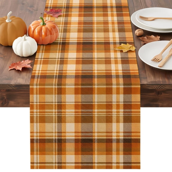 Orange Checked Fall Table Runner - 90 Inch Long Thanksgiving Buffalo Plaid Cotton and Linen Blended Dress Scarves Farmhouse Table Runner for Kitchen Dining, Coffee Table, 13" x 90"
