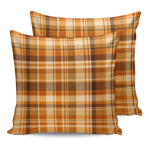 Orange Checked Fall Throw Pillows 16x16 Set of 2, Thanksgiving Buffalo Plaid Waterproof Outdoor Pillow Covers with Insert, Decorative Pillowcase Cushion for Couch, Sofa, Bed, Patio, Garden
