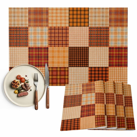 Orange Checked Placemats Set of 2, Fall Orange Black Buffalo Plaid Washable Wipeable Table Mats for Dining Tables, Indoor Outdoor Kitchen Place Mats for Holiday Party Table Decor