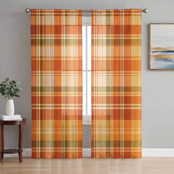Orange Checked Sheer Curtains 72 Inches Long, Autumn Fall Thanksgiving Buffalo Plaid Light Filtering Window Curtains for Living Room, Rod Pocket Voile Sheer Curtain Drapes, 52"W x 72"L, 2 Panels