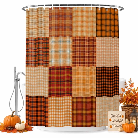 Orange Checked Shower Curtain Set - 48" x 72" Washable Bathtub Curtain with 12 Hooks, Fall Orange Black Buffalo Plaid Waterproof Fabric Stall Shower Curtains for Bathroom/Bathtub Décor