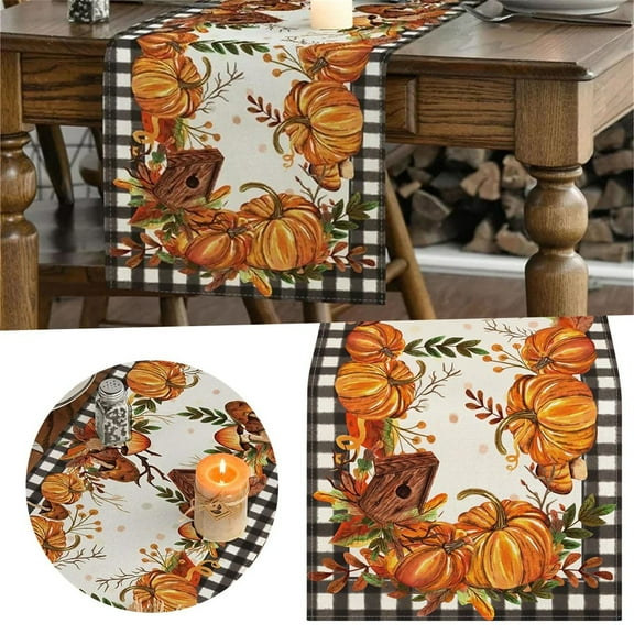 Orange Checked Table Runner Buffalo Check Plaid Fall Table Runner Thanksgiving Pumpkins Birdhouse Maple Leaves 33*275Cm