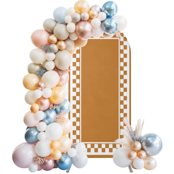 Orange Checkerboard Border Pattern Wedding Arch Backdrop Cover 4FT ,Spandex Fitted Frame Design Wedding Arch Covers Round Top Chiara Arches Backdrop Stand Cover for Birthday Party Ceremony Banquet