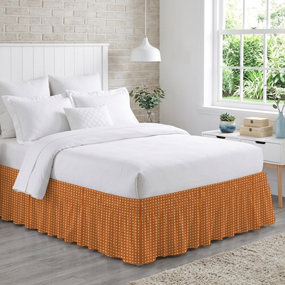 Orange Checkered Bed Skirt California King Size 18 Inch Drop, Country Abstract Geometric Diagonal Plaid Adjustable Elastic Dust Ruffles Bedskirt Wrap Around Pleated Mattress Frame Cover