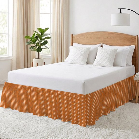 Orange Checkered Bed Skirt California King Size 18 Inch Drop, Country Abstract Geometric Diagonal Plaid Adjustable Elastic Dust Ruffles Bedskirt Wrap Around Pleated Mattress Frame Cover