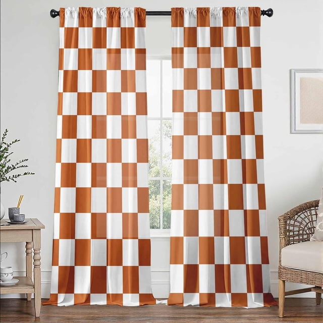 Orange Checkered Curtains for Bedroom,Rod Pocket Burnt Orange Semi Sheer Curtains Farmhouse Retro Checkerboard Light Filtering Drapes for Living Room,Set of 2 Window Curtain Panels,52 x 84 Inch
