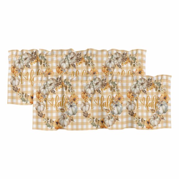 Orange Checkered Fall Curtain Valances for Windows, Kitchen Valance Window Treatments Panel 2 Pack, Thanksgiving Pumpkins Wreath Rod Pocket Short Curtains for Bathroom Bedroom 54 x 18 Inch