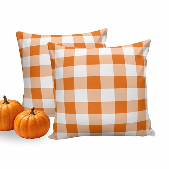 Orange Checkered Fall Outdoor Pillow Covers 16x16 Set of 2, Waterproof Pillow Protector Throw Pillows, Farmhouse Buffalo Plaid Thanksgiving Couch Cushion Covers for Patio Sofa Decorative Pillows