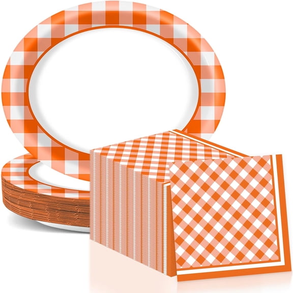 Orange Checkered Oval Paper Plates 11inch Orange and White Gingham Paper Plate and Napkin, Dish Tray Fall Plaid Party Decoration Supplies for Birthday BBQ Picnic Baby Shower Tableware, 25 Guest