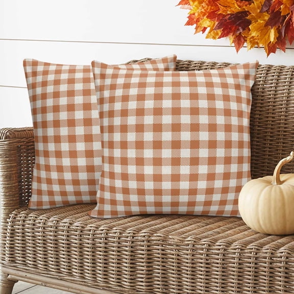 Orange Checkered Pillow Covers 2 Pack Fall Country Vintage Farmhouse Orange Plaid Gingham Pillowcase Waterproof Outdoor Throw Pillow Cover for Patio Garden Balcony Decorative Square Cushion 16"x16"