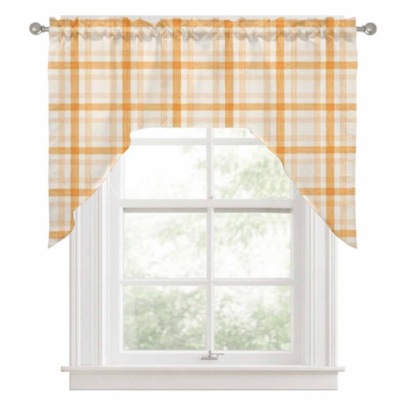 Orange Checkered Swag Curtain Valance for Windows, Fall Country Farmhouse Orange Stripe Plaid Grid Swag Curtains Drapes Rod Pocket for Kitchen Bathroom Small Window, 1 Panel 56x36in