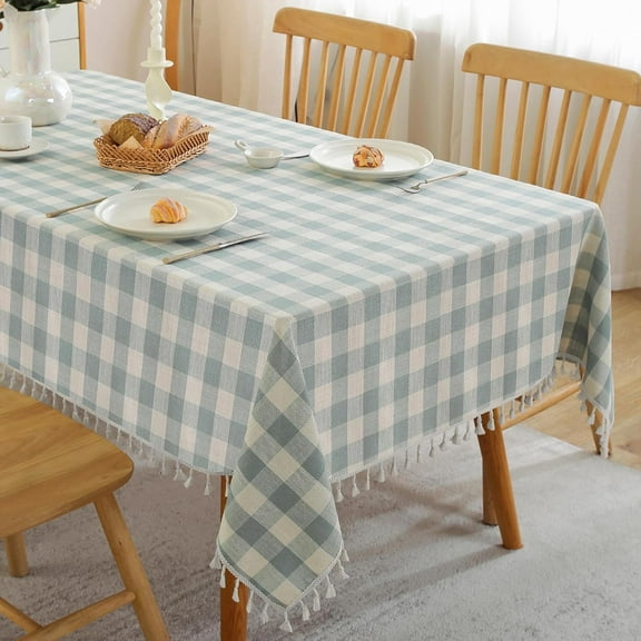Orange Checkered Table Cloth Square Cotton Linen Fabric Gingham Tablecloth with Tassel Washable Wrinkle Free Buffalo Plaid Table Cover for Fall Picnic Kitchen Dining, Orange and White, 55X55''